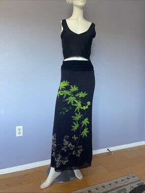 Fuzzi Black Maxi Skirt with Green Leaf Print